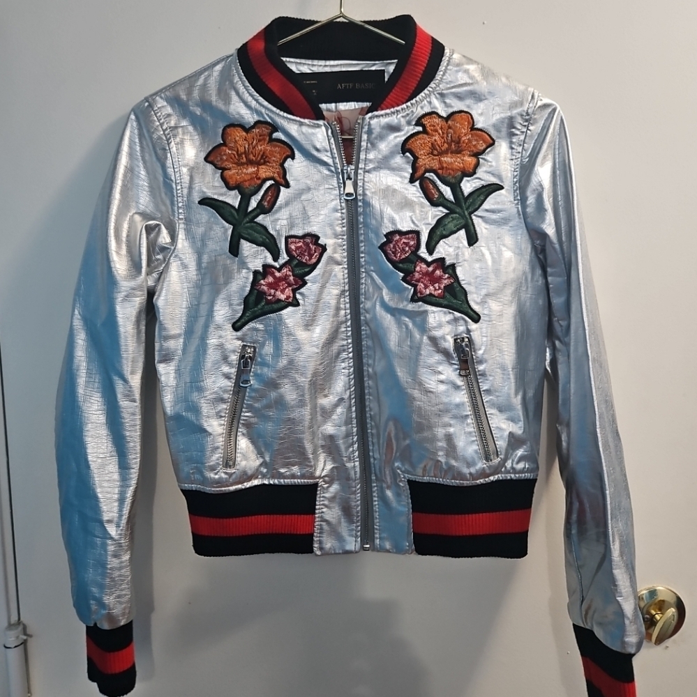 Size Small silver AFTF Basic Bomber faux leather
